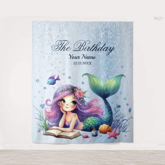 誕生日パーティーウォーターカラーマーメイドシーライフかわいい タペストリー (正面)