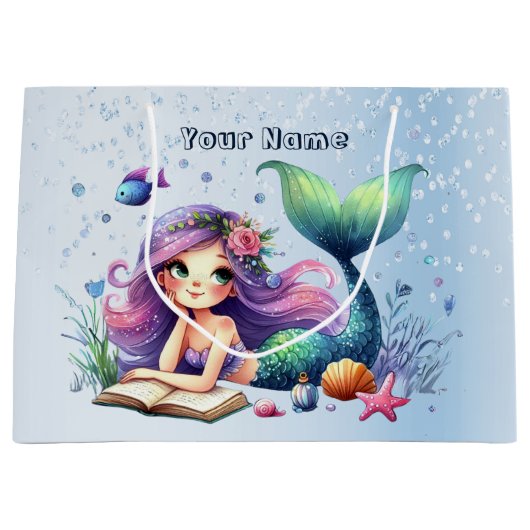 誕生日パーティーウォーターカラーマーメイドシーライフかわいい ラージペーパーバッグ (正面)