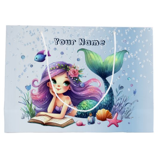 誕生日パーティーウォーターカラーマーメイドシーライフかわいい ラージペーパーバッグ (裏面)