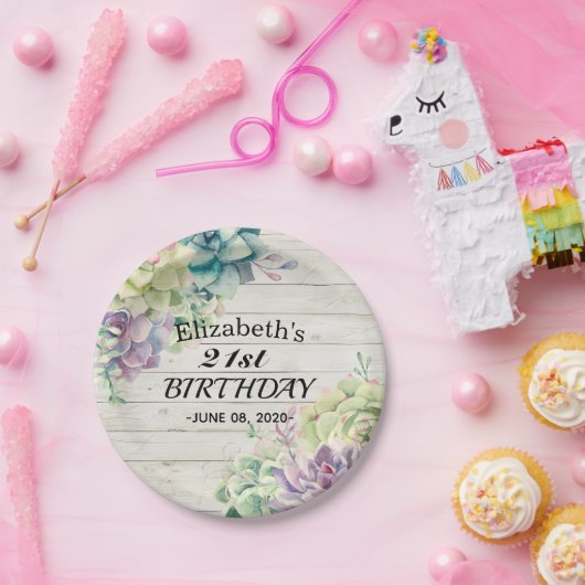 誕生日パーティーエレガント多肉植物素朴木材 ペーパープレート (パーティー)