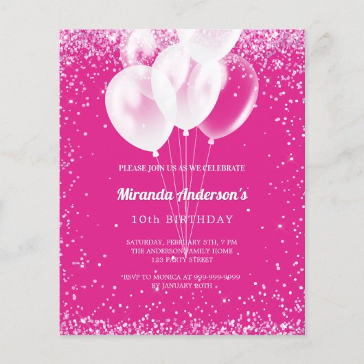 誕生日パーティーガールピンクバルーン予算の招待 チラシ (正面)