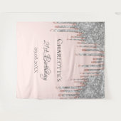 誕生日パーティーグリッターバラ金ゴールドシルバー赤面ピンク タペストリー (正面(横))