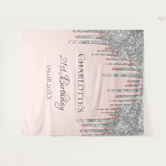 誕生日パーティーグリッターバラ金ゴールドシルバー赤面ピンク タペストリー (正面(横))