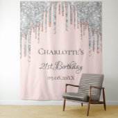 誕生日パーティーグリッターバラ金ゴールドシルバー赤面ピンク タペストリー (インサイチュ)