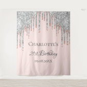 誕生日パーティーグリッターバラ金ゴールドシルバー赤面ピンク タペストリー (正面)