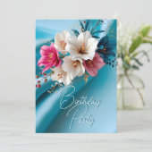 誕生日パーティーシルクピンクとブルーホワイトフローラ 招待状 (スタンド正面)