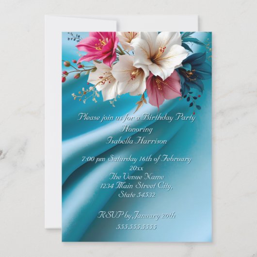 誕生日パーティーシルクピンクとブルーホワイトフローラ 招待状 (裏面)