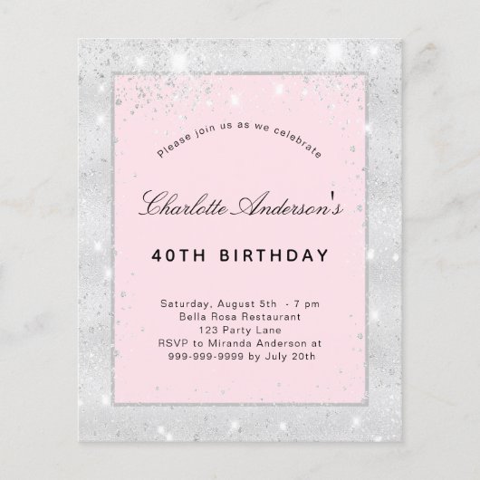 誕生日パーティーシルバー赤面ピンクグリッター予算 チラシ (正面)