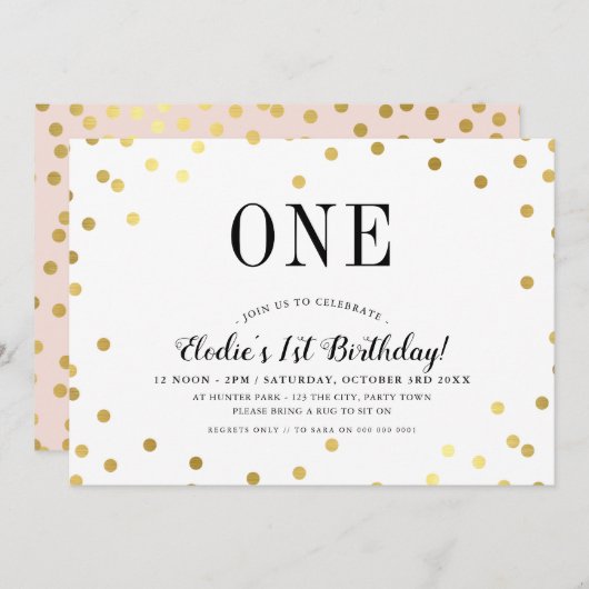 誕生日パーティースタイリッシュ金ゴールド紙吹雪ピンクの女の子 招待状 (正面/裏面)