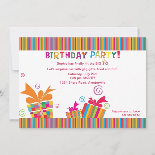 誕生日パーティーストライプの 招待状 (正面)