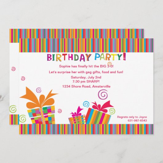誕生日パーティーストライプの 招待状 (正面/裏面)