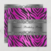 誕生日パーティーゼブラダイヤモンドブラックホットピンク 招待状 (正面/裏面)