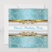 誕生日パーティーダマスクターコイズブルーゴールドホワイトダイヤモンド 招待状 (正面)
