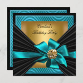 誕生日パーティーティール(緑がかった色)金ゴールドブラックリップル 招待状 (正面/裏面)