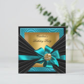 誕生日パーティーティール(緑がかった色)金ゴールドブラックリップル 招待状 (スタンド正面)