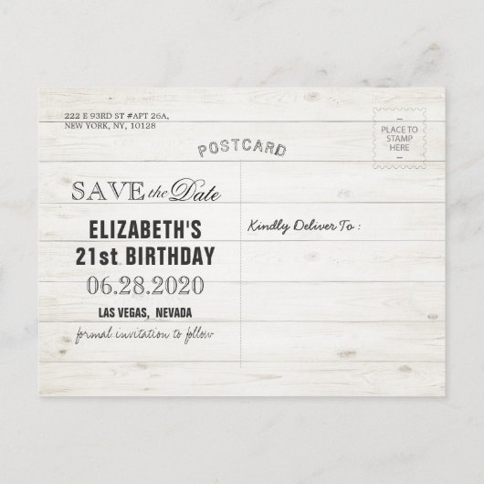 誕生日パーティーデイトフラワーウッドライトを保存 インビテーションポストカード (裏面)