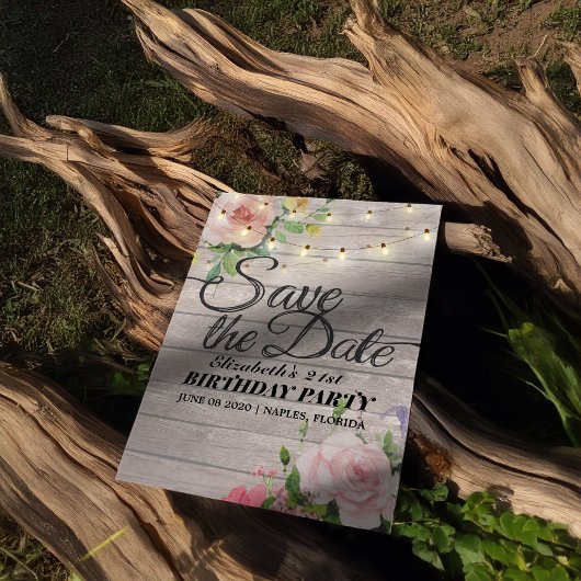 誕生日パーティーデイトフラワーウッドライトを保存 マグネット招待状