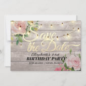 誕生日パーティーデイトフラワーウッドライトを保存 マグネット招待状 (正面)