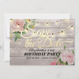 誕生日パーティーデイトフラワーウッドライトを保存 マグネット招待状