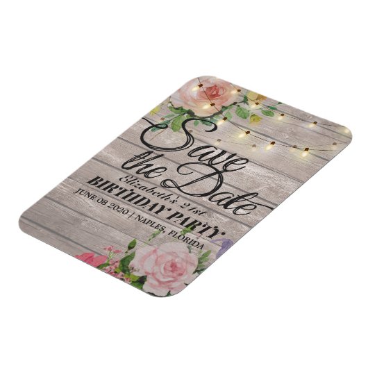 誕生日パーティーデイトフラワーウッドライトを保存 マグネット (左側)