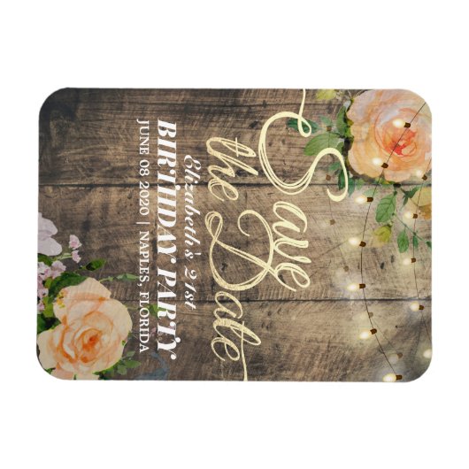 誕生日パーティーデイトフラワーウッドライトを保存 マグネット (横)