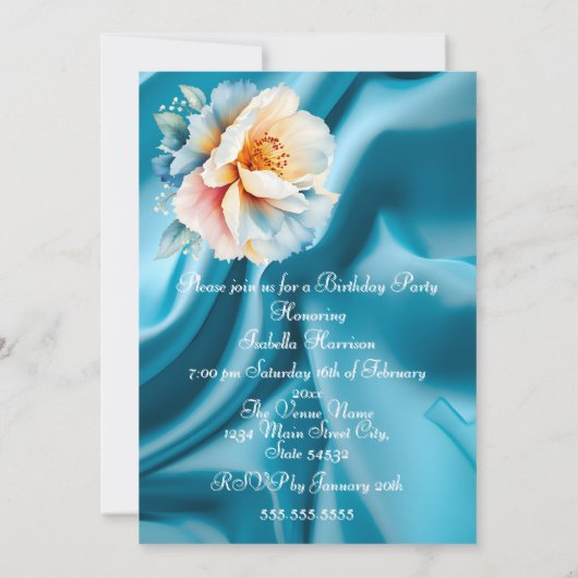 誕生日パーティーデリケートかわいらしブルーピンクフローラ 招待状 (裏面)