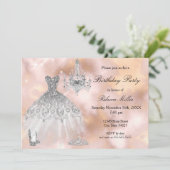 誕生日パーティードレスベージュピンクマーブルホワイト 招待状 (スタンド正面)