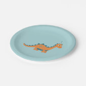 誕生日パーティーハットをかぶったオレンジ色の漫画の恐竜 ペーパープレート (アングル)