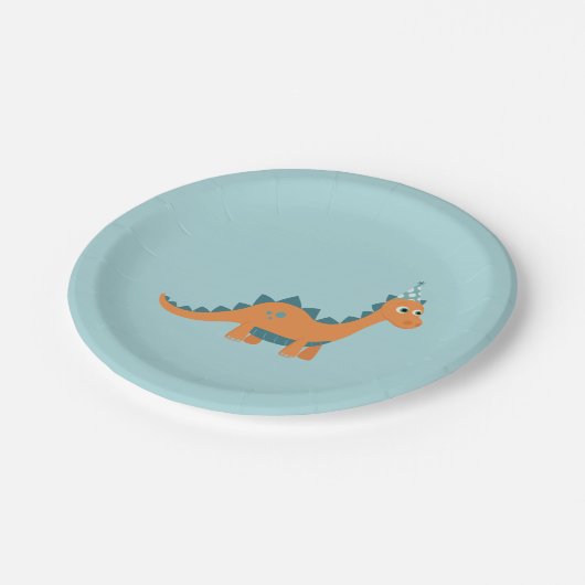 誕生日パーティーハットをかぶったオレンジ色の漫画の恐竜 ペーパープレート (アングル)