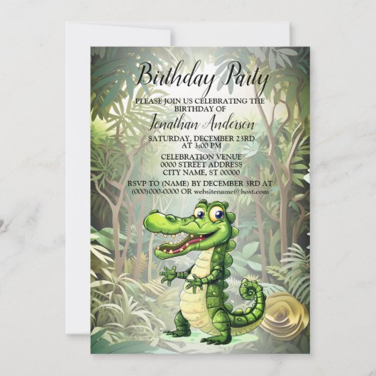 誕生日パーティーハッピーカワイワイワイワイルドワニのジャングル 招待状 (正面)
