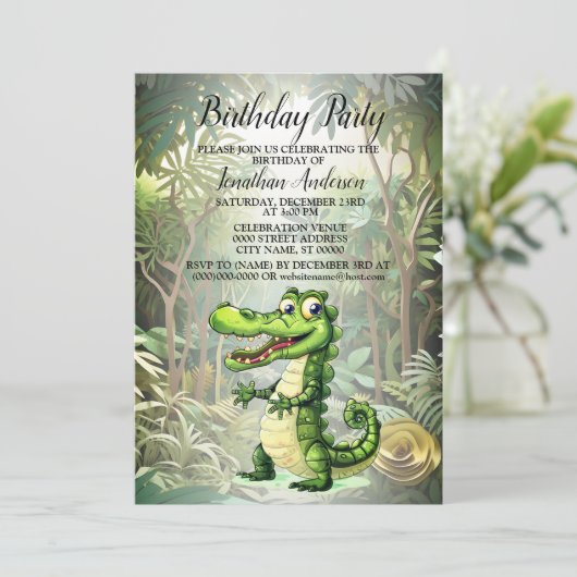 誕生日パーティーハッピーカワイワイワイワイルドワニのジャングル 招待状 (スタンド正面)