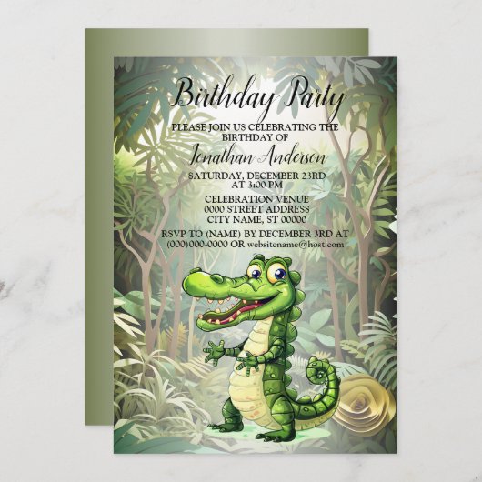 誕生日パーティーハッピーカワイワイワイワイルドワニのジャングル 招待状 (正面/裏面)