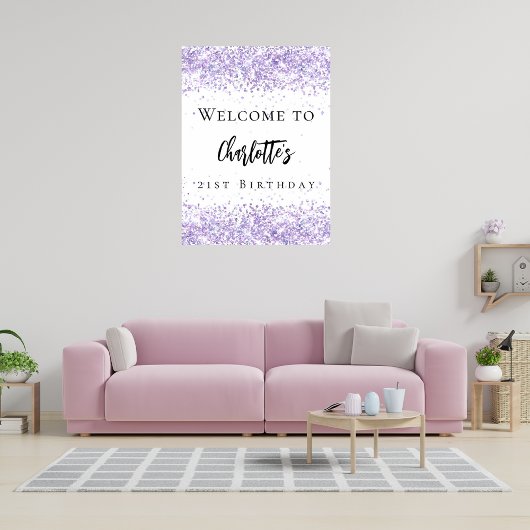 誕生日パーティーバイオレットラベンダーホワイトグリッター名 ポスター