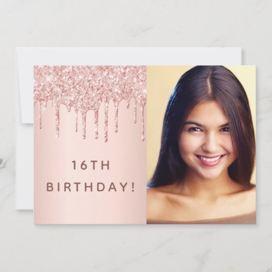 誕生日パーティーバラ金ゴールドカスタムグリッター写真ガラス 招待状 (正面)