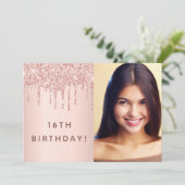 誕生日パーティーバラ金ゴールドカスタムグリッター写真ガラス 招待状 (スタンド正面)