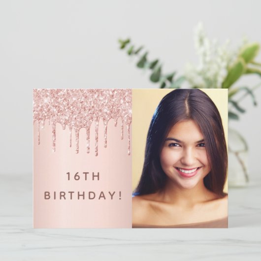 誕生日パーティーバラ金ゴールドカスタムグリッター写真ガラス 招待状 (スタンド正面)