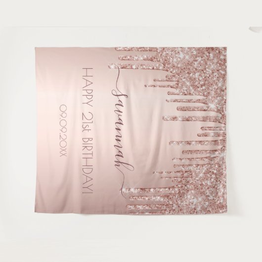 誕生日パーティーバラ金ゴールドグリッターピンクスパークルグラム タペストリー (正面(横))