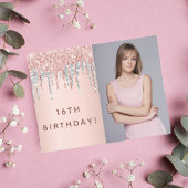 誕生日パーティーバラ金ゴールドグリッター写真の招待 ポストカード