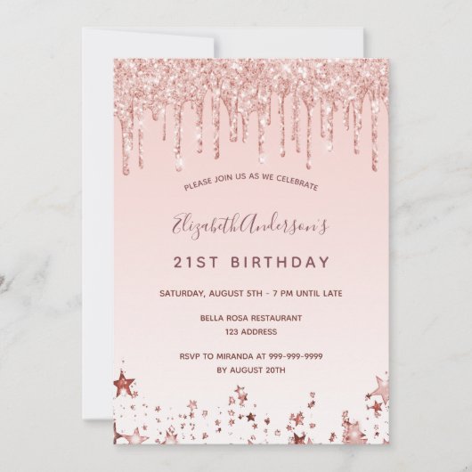 誕生日パーティーバラ金ゴールドグリッター赤面ピンクの星 招待状 (正面)