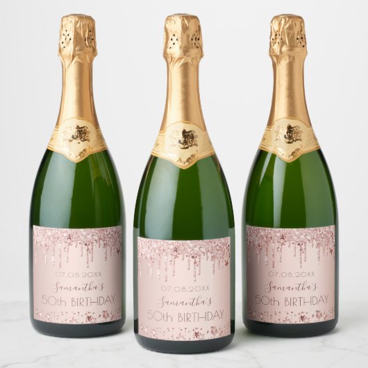 誕生日パーティーバラ金ゴールドピンクのドリップスター スパークリングワインラベル (ボトル)