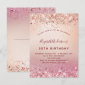 誕生日パーティーバラ金ゴールドピンクグリッタースパークル インビテーションポストカード (正面/裏面)