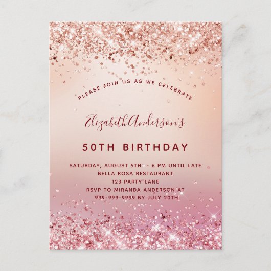 誕生日パーティーバラ金ゴールドピンクグリッタースパークル インビテーションポストカード (正面)