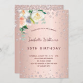 誕生日パーティーバラ金ゴールドピンクダイヤモンド花模様 招待状 (正面/裏面)