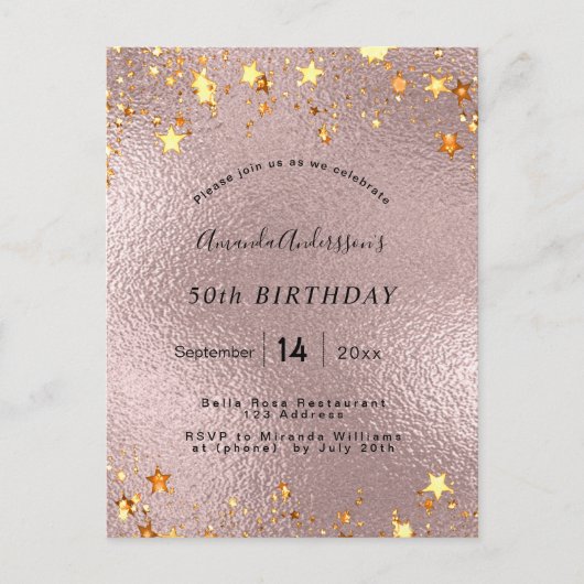 誕生日パーティーバラ金ゴールドピンクフォイルスターモダン ポストカード (正面)