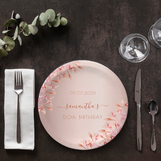 誕生日パーティーバラ金ゴールドピンク花模様植物学 ペーパープレート