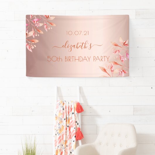 誕生日パーティーバラ金ゴールドピンク花模様 横断幕 (インサイチュ)