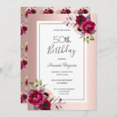 誕生日パーティーバラ金ゴールドブルゴーニュ花模様 招待状 (正面/裏面)