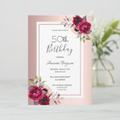 誕生日パーティーバラ金ゴールドブルゴーニュ花模様 招待状 (スタンド正面)