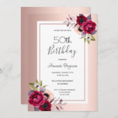 誕生日パーティーバラ金ゴールドブルゴーニュ花模様 招待状 (正面/裏面)