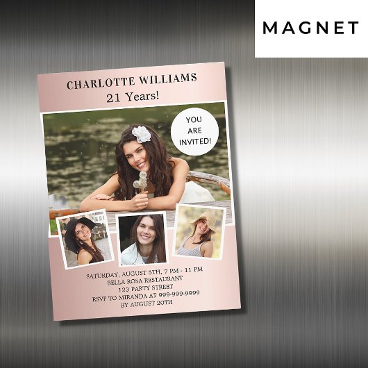 誕生日パーティーバラ金ゴールド写真コラージュラグジュアリー マグネット招待状